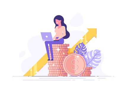 Illustration of woman sitting on a tack of gold coins with an area pointing diagonally up.