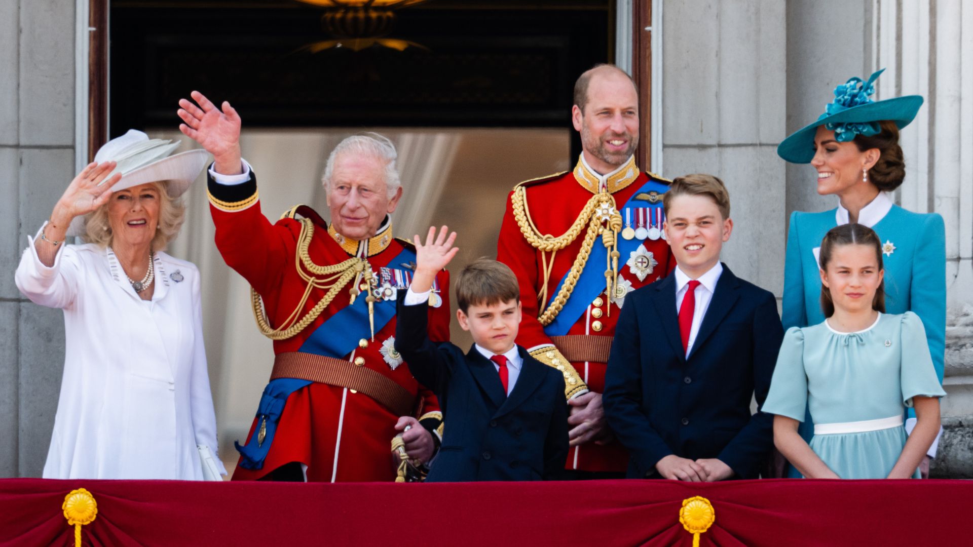 Queen Camilla, King Charles, Prince William, Kate Middleton, Prince Louis, Prince George and Princess Charlotte at Trooping the Colour 