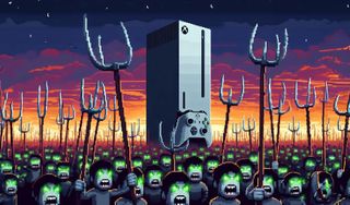 Xbox Series X and pitchfork-armed angry mob