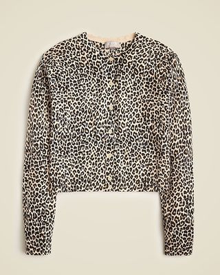 Featherweight Cashmere Shrunken Cardigan Sweater in Leopard Print