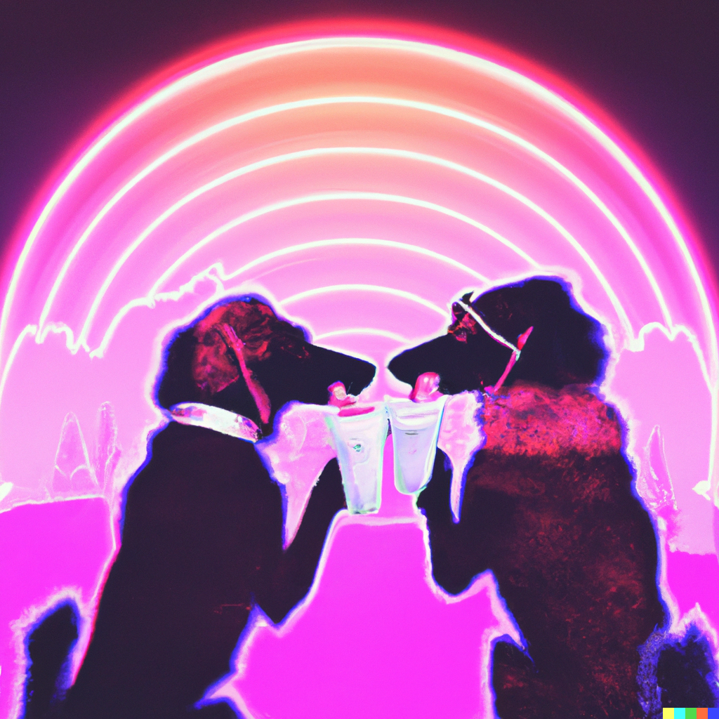 'Two dogs in love, vaporwave style' via ChatGPT