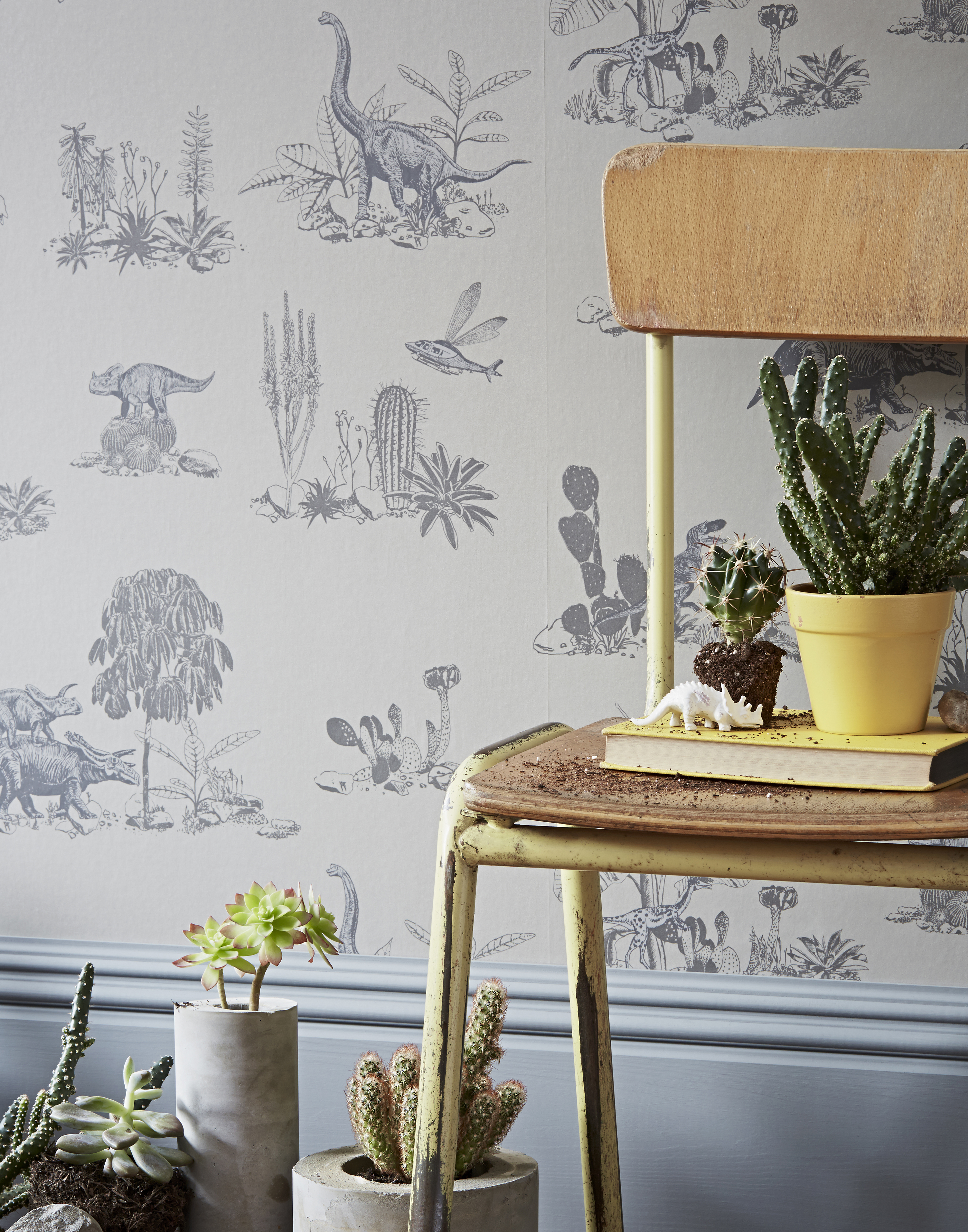 A magnetic dinosaur motif grey wallpaper with pastel yellow painted wooden chair and cacti plants