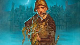 A City Watch guard glowers into the foreground while smoking a cigar and holding a dragon by the head