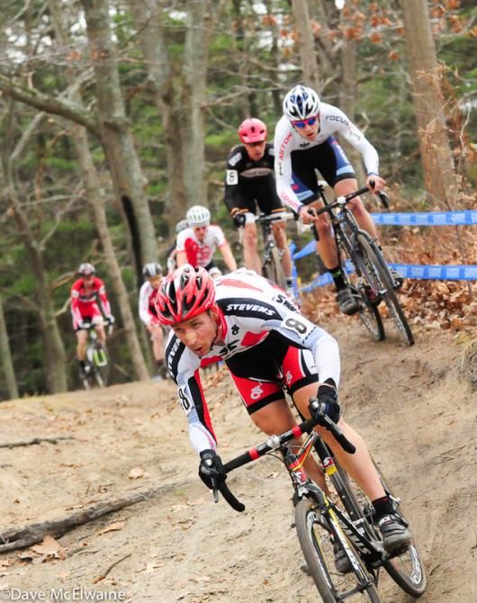 Derrick St. John (Stevens Racing p/b The Cyclery) descending out of the woods