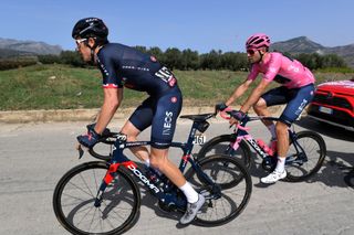 AGRIGENTO ITALY OCTOBER 04 Geraint Thomas of The United Kingdom and Team INEOS Grenadiers Filippo Ganna of Italy and Team INEOS Grenadiers Pink Leader Jersey during the 103rd Giro dItalia 2020 Stage 2 a 149km stage from Alcamo to Agrigento 243m girodiitalia Giro on October 04 2020 in Agrigento Italy Photo by Tim de WaeleGetty Images