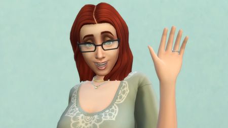 The Sims 4 - Eliza Pancakes smiles and waves in front of a green background