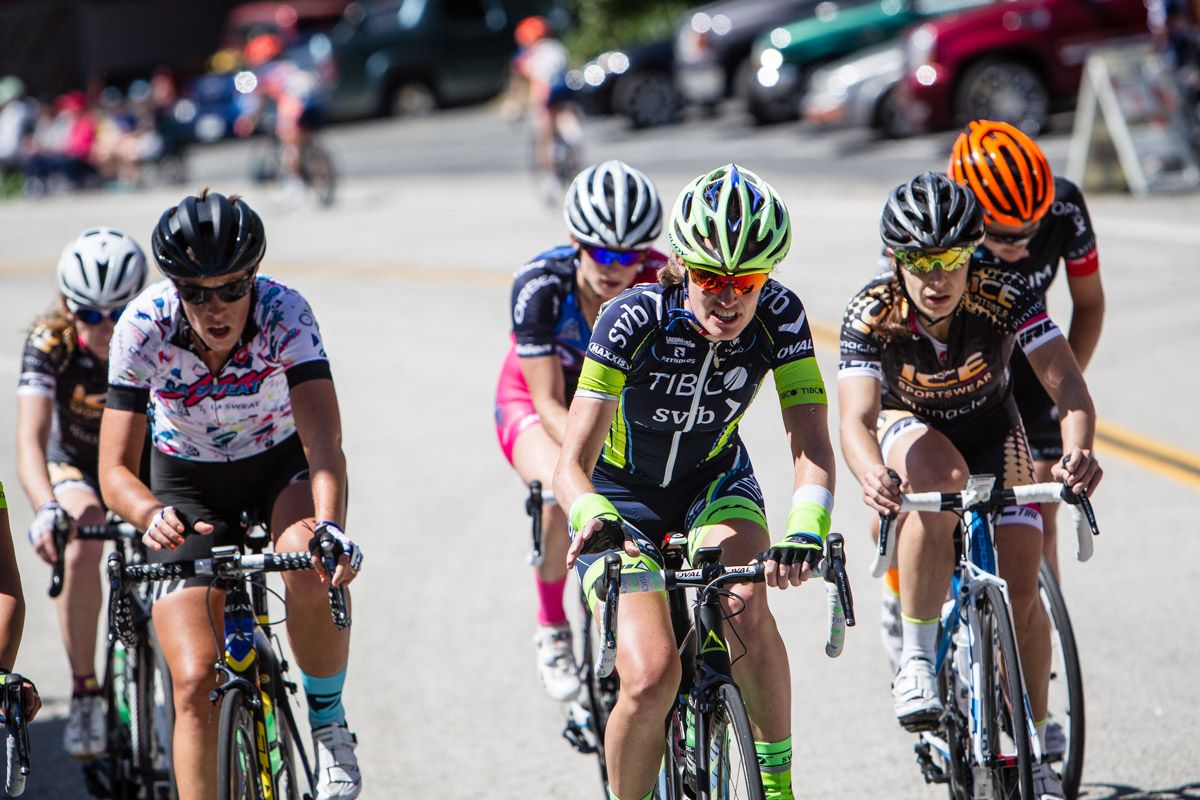 Riders cross the line atop today's tough climb