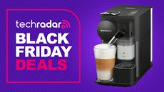 Nespresso coffee machine on purple background with text reading "TechRadar Black Friday deals"