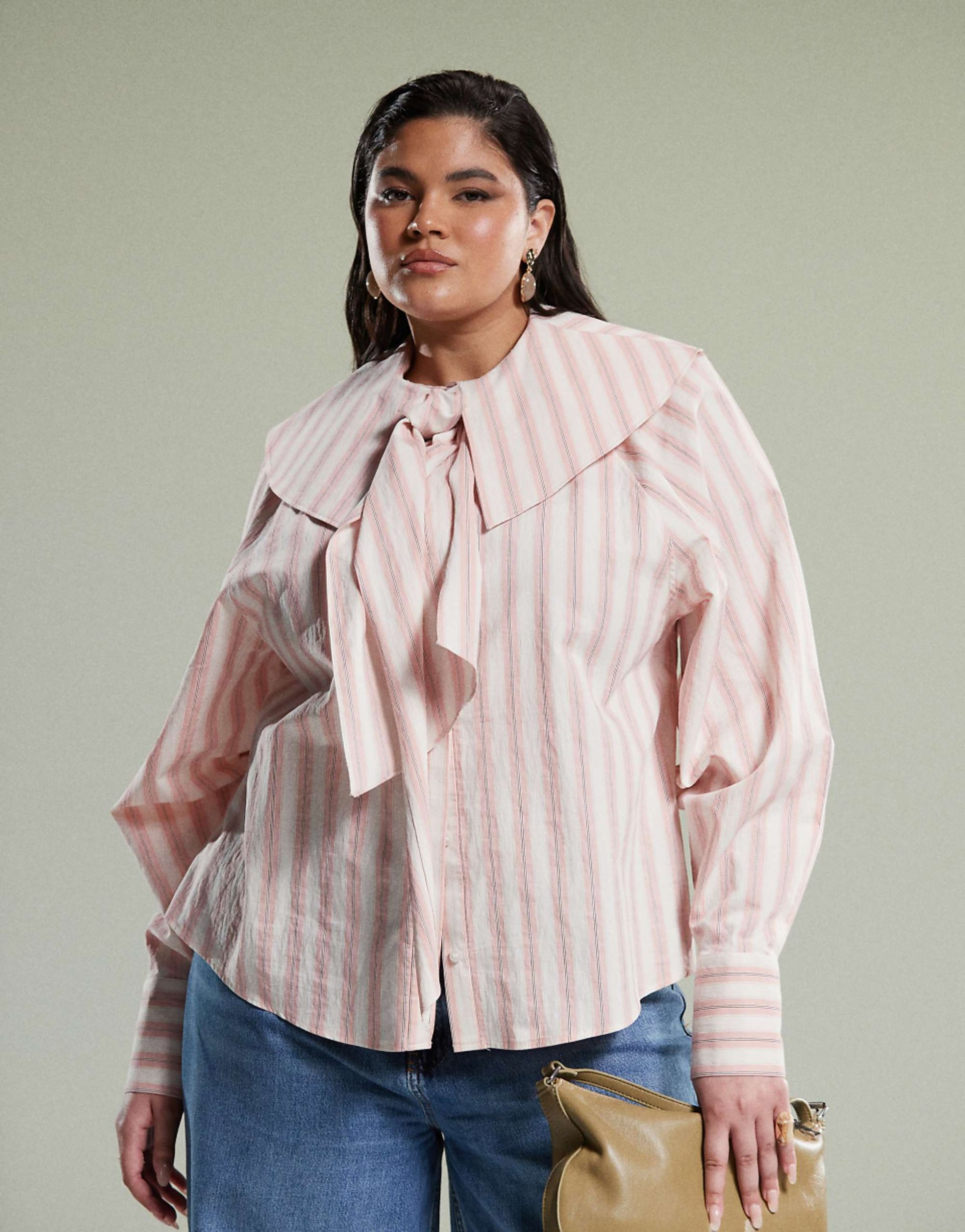 Asos Design Curve Shirt With Large Collar and Tie Detail in Pink Stripe