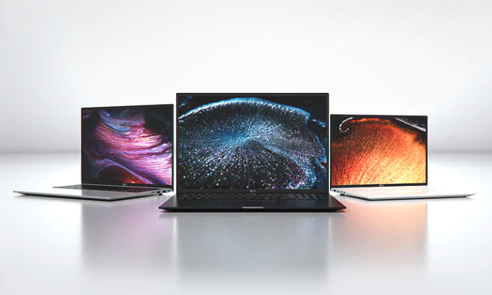 Three LG gram laptops on a white and grey background