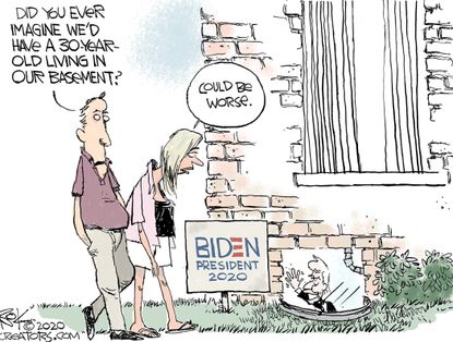 Political Cartoon U.S. Biden 2020 basement campaign