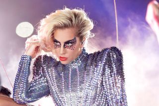 Lady Gaga performing at the 2017 Super Bowl.