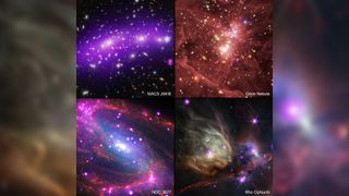 four different panels showing colorful clouds of gas in deep space seen against background stars