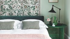 picture of green and pink bedroom with wall tapestry