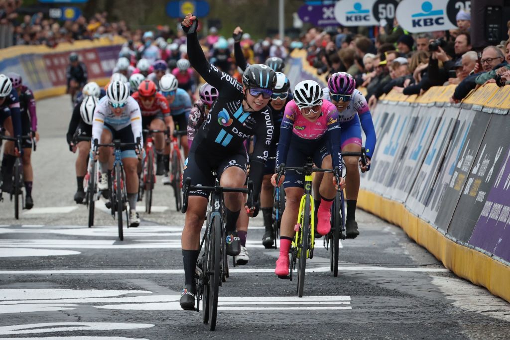 Dutch Lorena Wiebes of Team DSM celebrates as she crosses the finish line to win the womens race of the Scheldeprijs one day cycling event 1381km from and to Schoten on Wednesday 06 April 2022 BELGA PHOTO KURT DESPLENTER Photo by KURT DESPLENTER BELGA MAG Belga via AFP Photo by KURT DESPLENTERBELGA MAGAFP via Getty Images