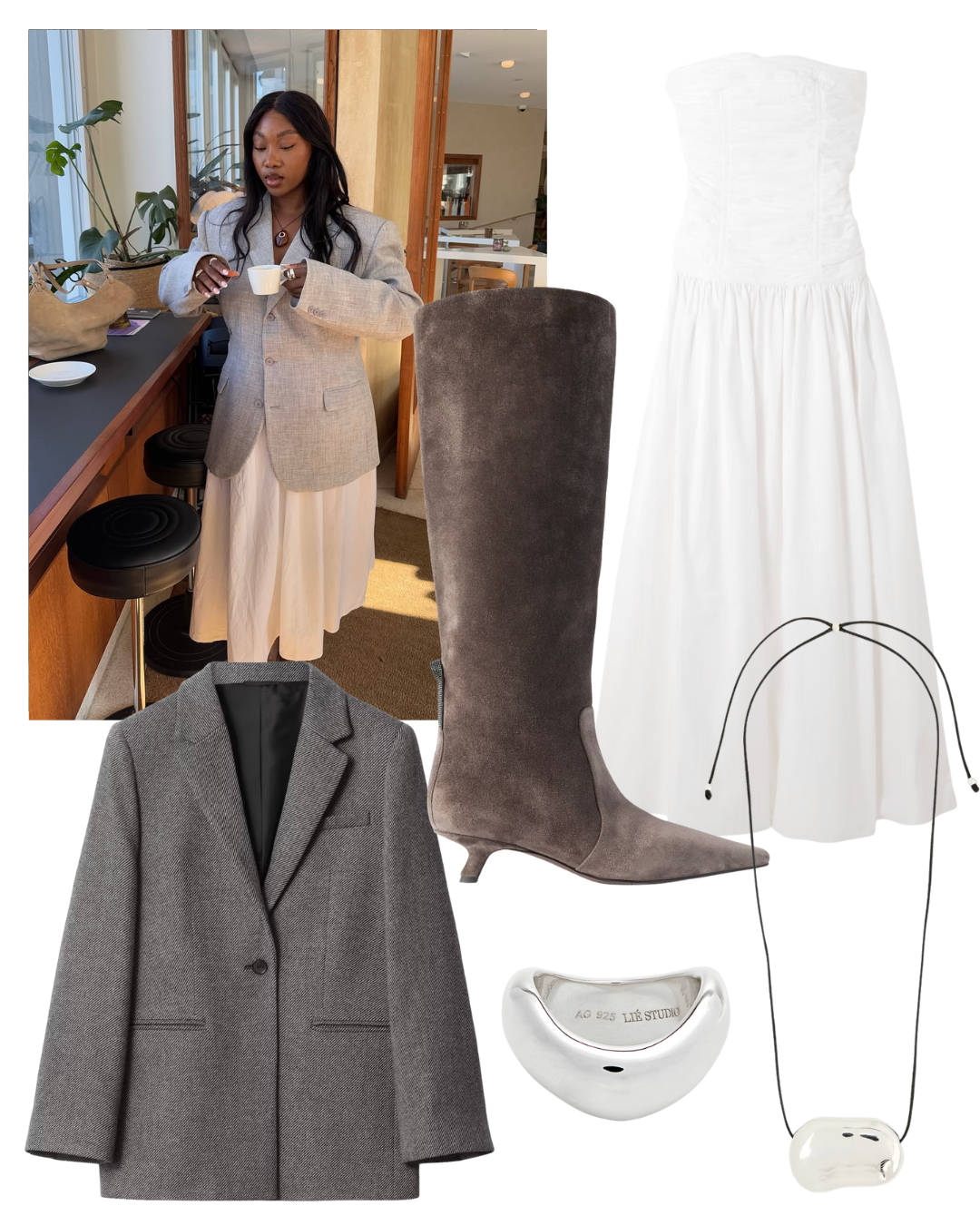 @nnennaechem wears grey blazer white dress