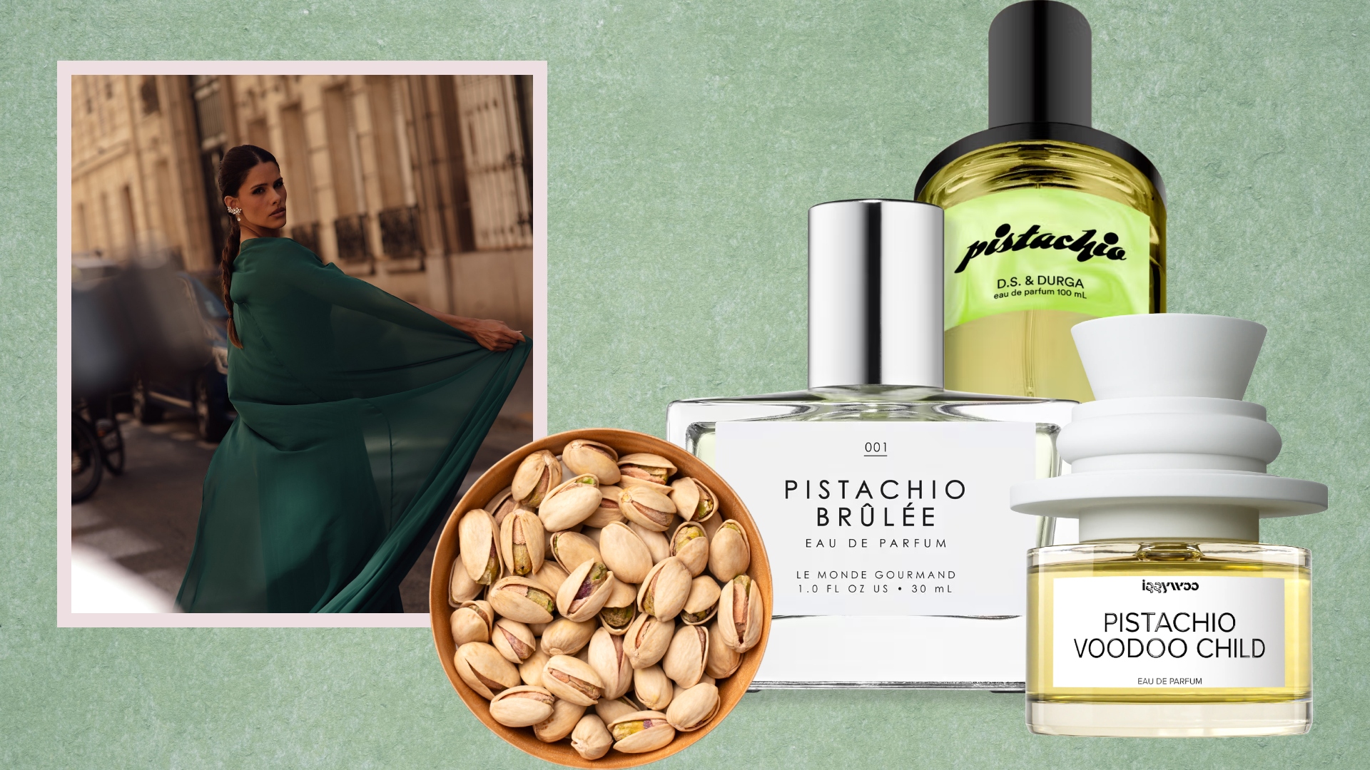 girl in a green dress twirling on the streets in paris next to three different pistachio scented perfumes
