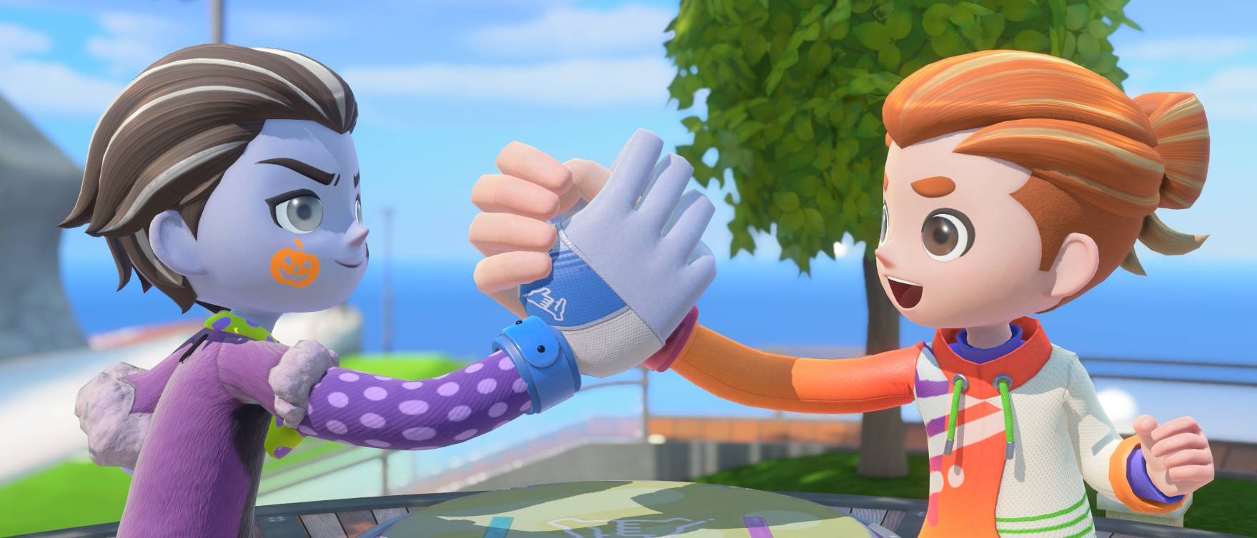 Players shake hands before a thumb wrestling match in Nintendo Switch Sports Resort