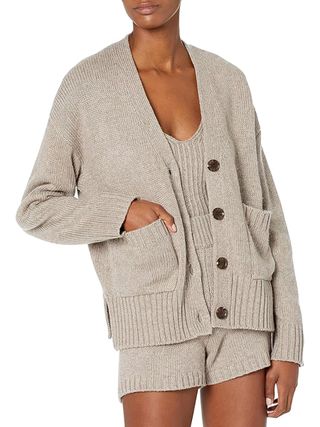 The Drop, Brigitte Chunky Button Front Pocket Ribbed Cardigan