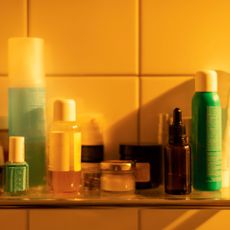 Bathroom shelf filled with the most effective beauty products
