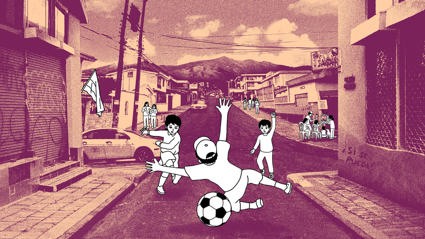 Despelote indie game interview; sepia toned images of a South American city with 2D characters