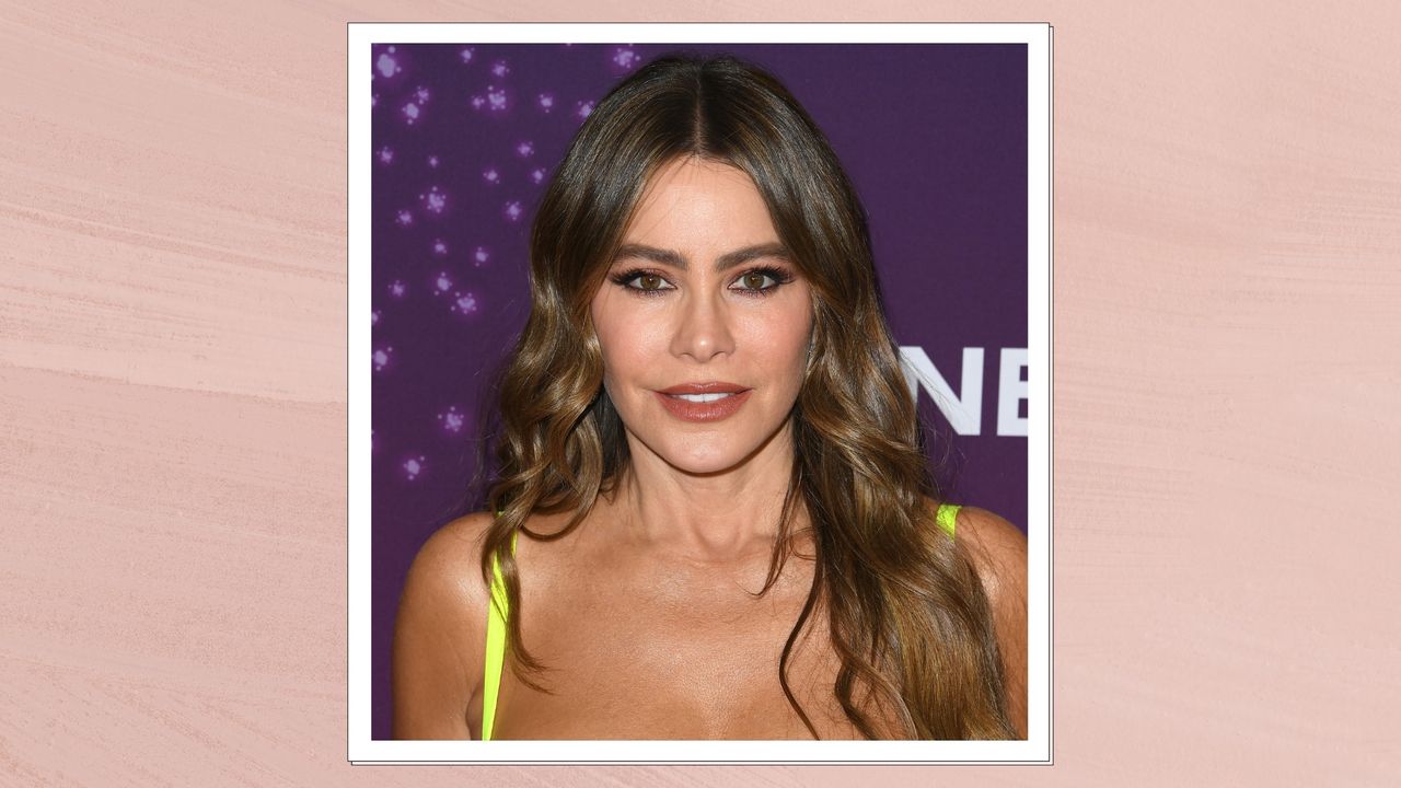 Sofia Vergara is pictured with &#039;Cinder Toffee&#039; brunette-style hair at the &quot;America&#039;s Got Talent&quot; Season 19 Quarterfinals 3 Red Carpet at Hotel Dena on August 27, 2024 in Pasadena, California/ in a pink template