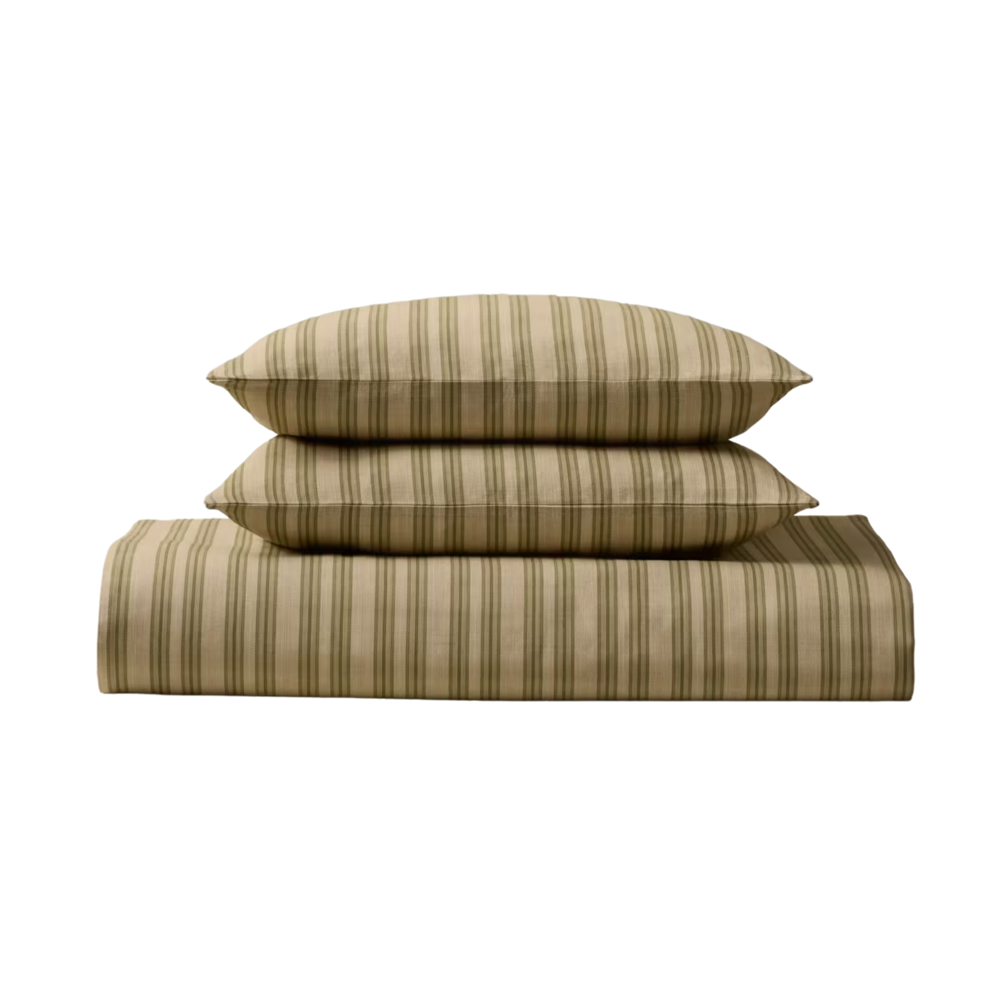 a duvet and two pillows in a green and tan stripe pattern