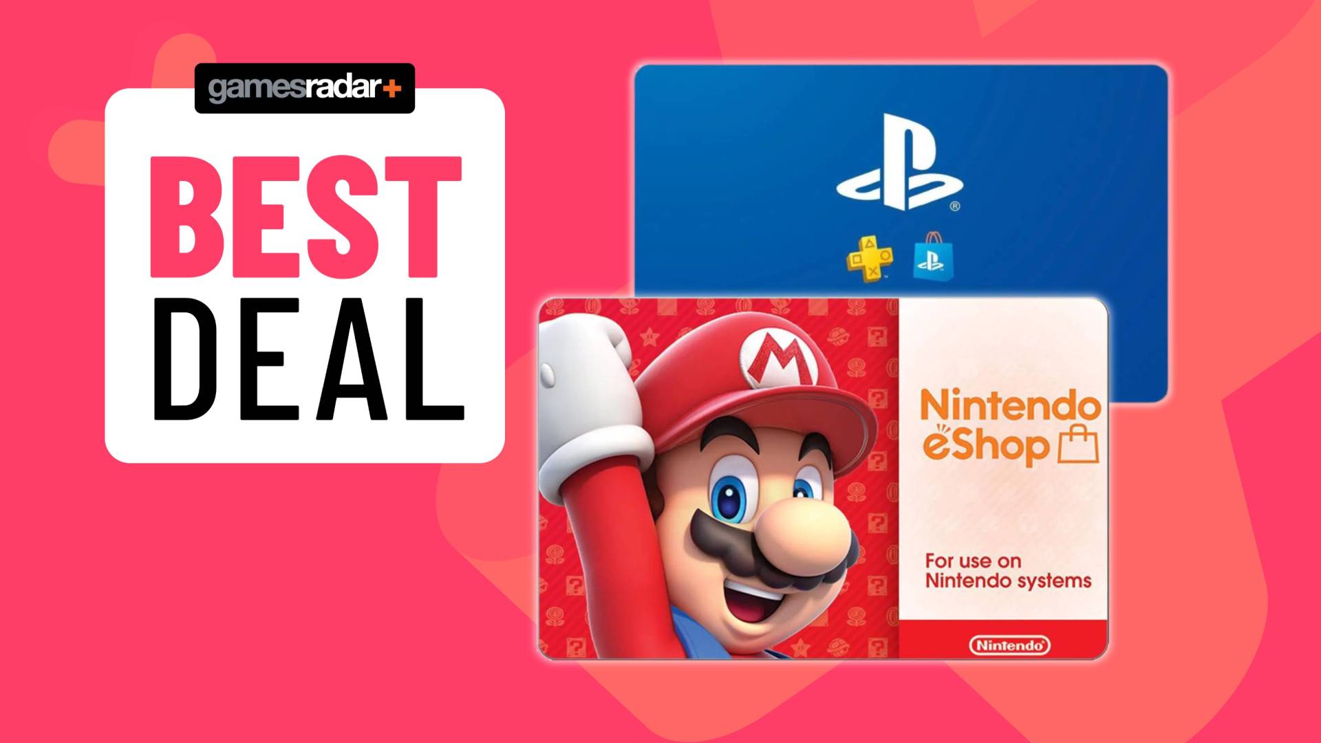 Image of a Nintendo Switch and PlayStation Store gift cards sitting on a pink GamesRadar+ background.