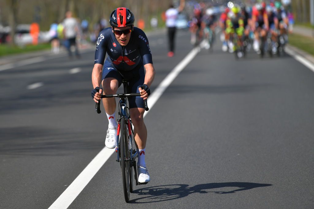 WAREGEM BELGIUM MARCH 31 Ethan Hayter of United Kingdom and Team INEOS Grenadiers during the 75th Dwars Door Vlaanderen 2021 Mens Elite a 1841km race from Roeselare to Waregem Attack Breakaway DDV DDV21 FlandersClassic A travers la Flandre on March 31 2021 in Waregem Belgium Photo by Luc ClaessenGetty Images