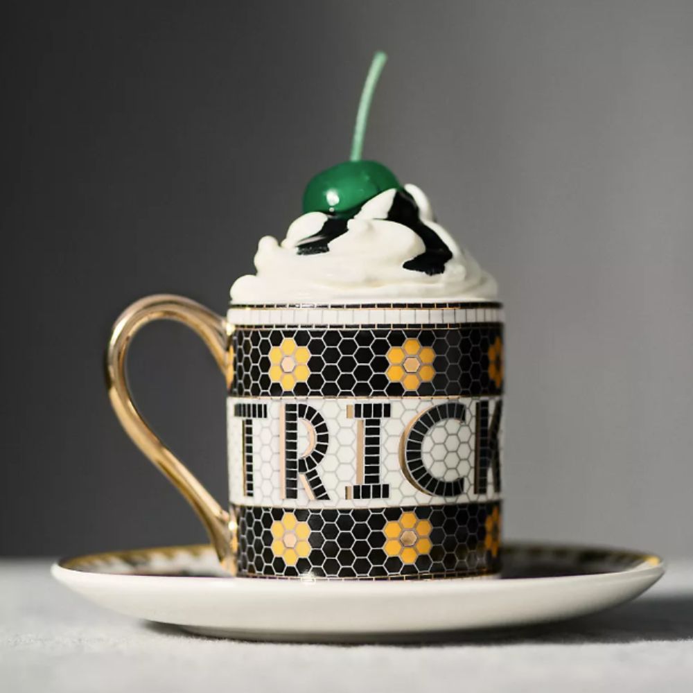 Trick mug and saucer in bistro tile design with whipped green and green cherry on top