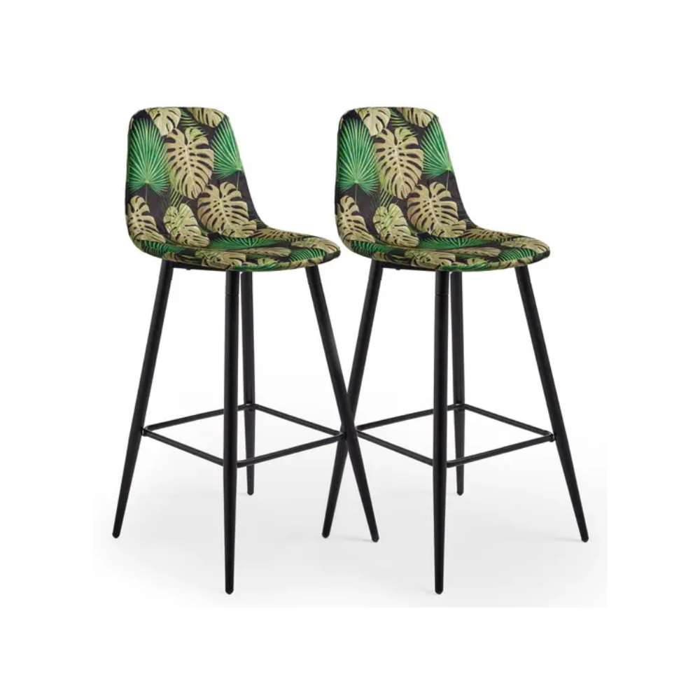 Tropical Palm Print Velvet Cushioned Bar Stools