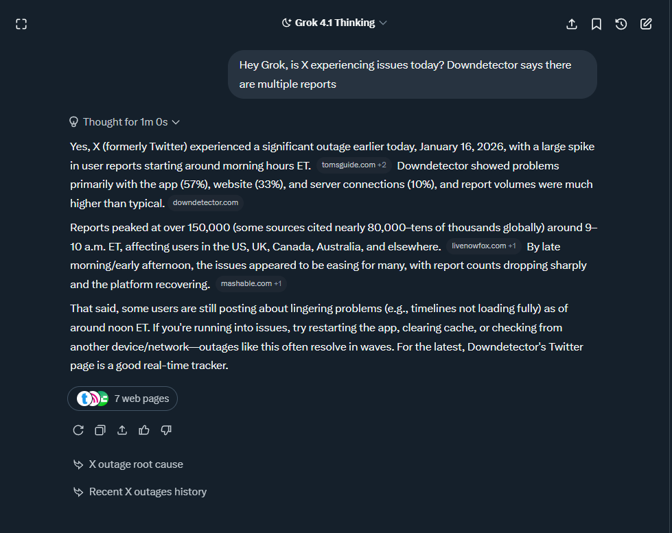 Grok on the X outage 1-16-26