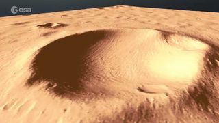 A 3D rendition of a crater at Oxia Planum on Mars. The European Space Agency's ExoMars 2020 rover may land here in 2021.
