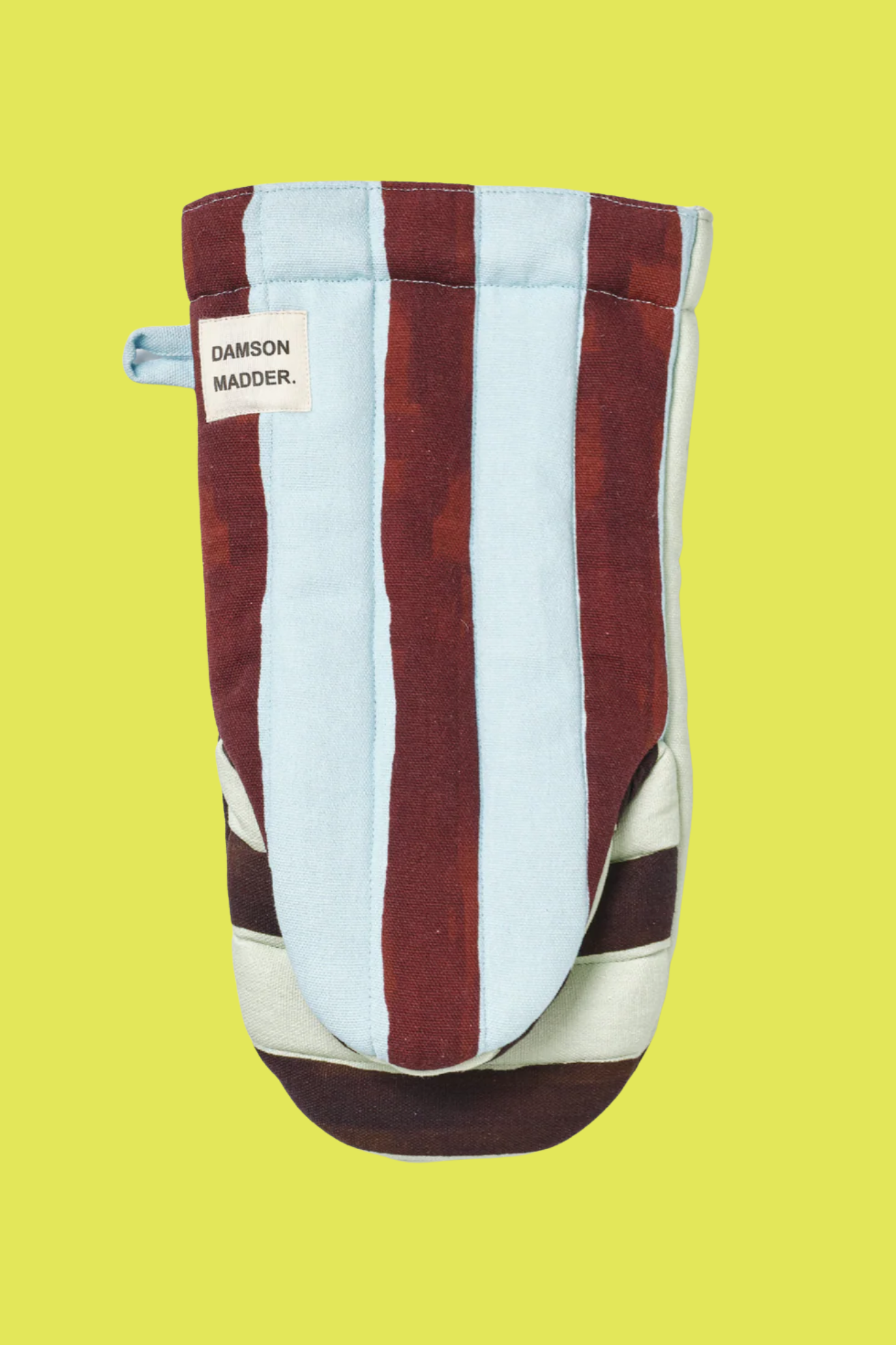 A striped oven mitt