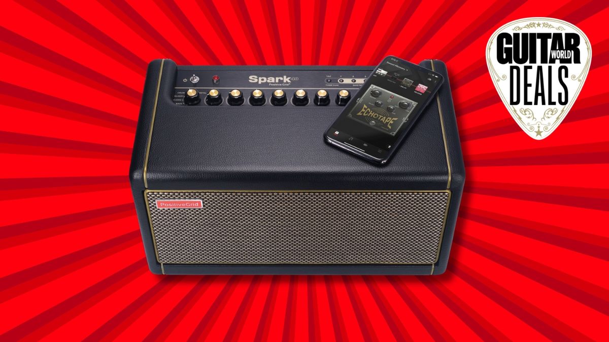 A Positive Grid Spark 4 0desktop guitar amp on a red background