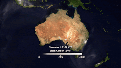 This animation is a model of where the black smoke from the raging Australian wildfires is traveling. It's based off of the GEOS forward processing (GEOS FP) model, which combines information from satellite, aircraft and ground-based observation systems and uses data such as air temperature, moisture levels and wind information to project the plume's behavior.