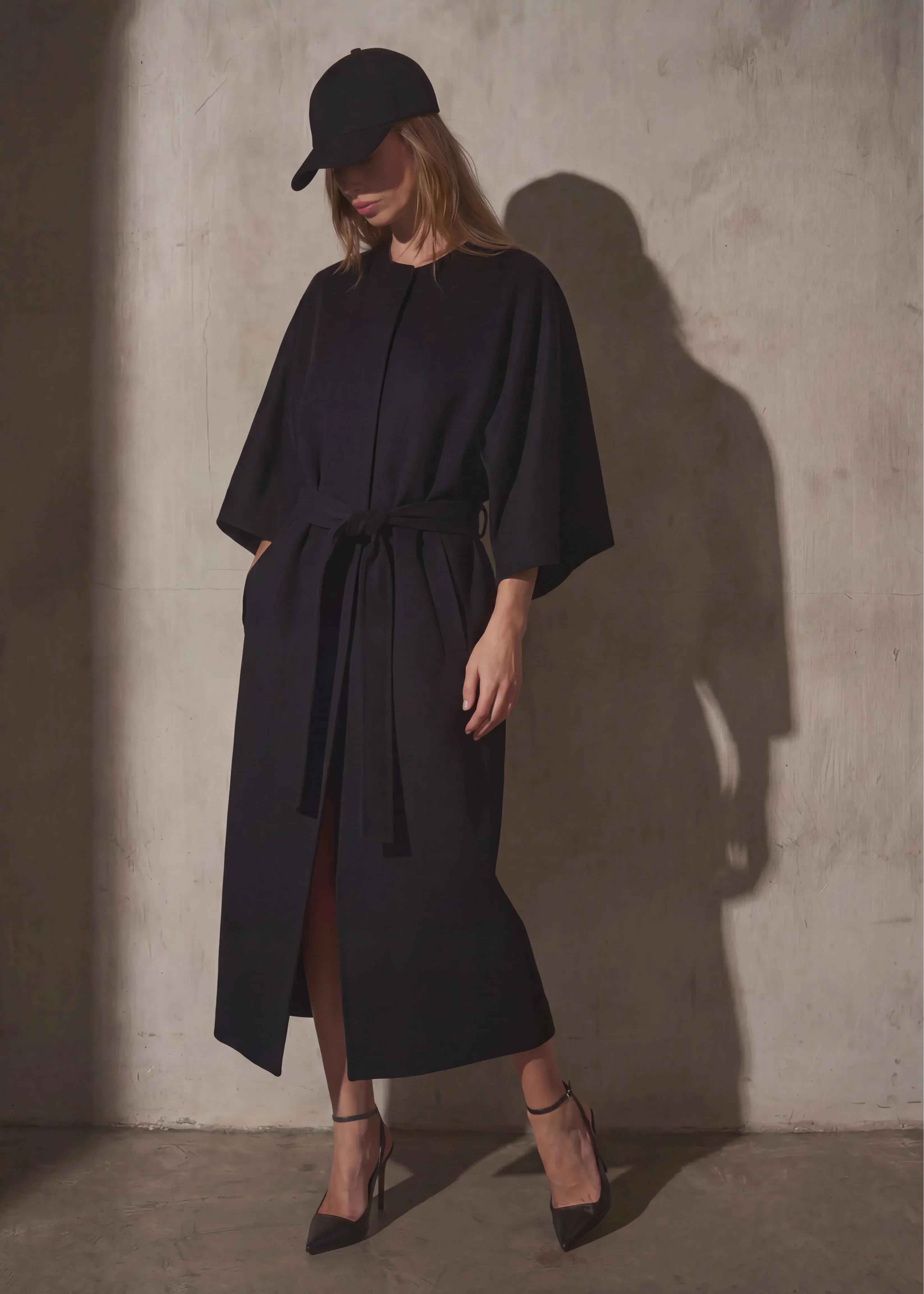 Auter, Collarless Cashmere Belted Coat