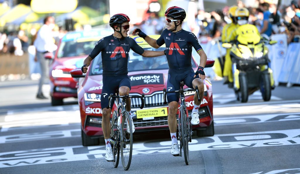 LA ROCHESURFORON FRANCE SEPTEMBER 17 Arrival Richard Carapaz of Ecuador and Team INEOS Grenadiers Michal Kwiatkowski of Poland and Team INEOS Grenadiers Celebration Fans Public during the 107th Tour de France 2020 Stage 18 a 175km stage from Mribel to La Roche sur Foron 543m TDF2020 LeTour on September 17 2020 in La RochesurForon France Photo by AnneChristine Poujoulat PoolGetty Images