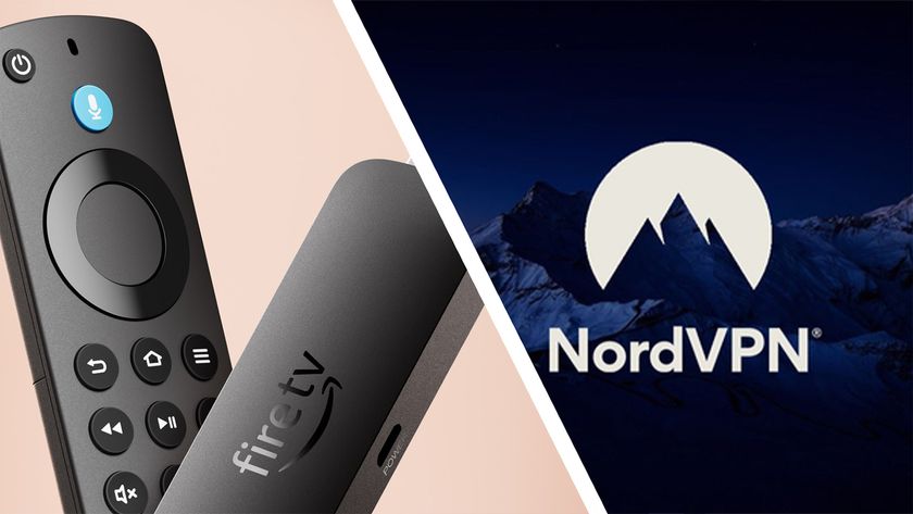 Product photos of the Amazon Fire TV Stick 4K Select on the left, NordVPN logo on the right