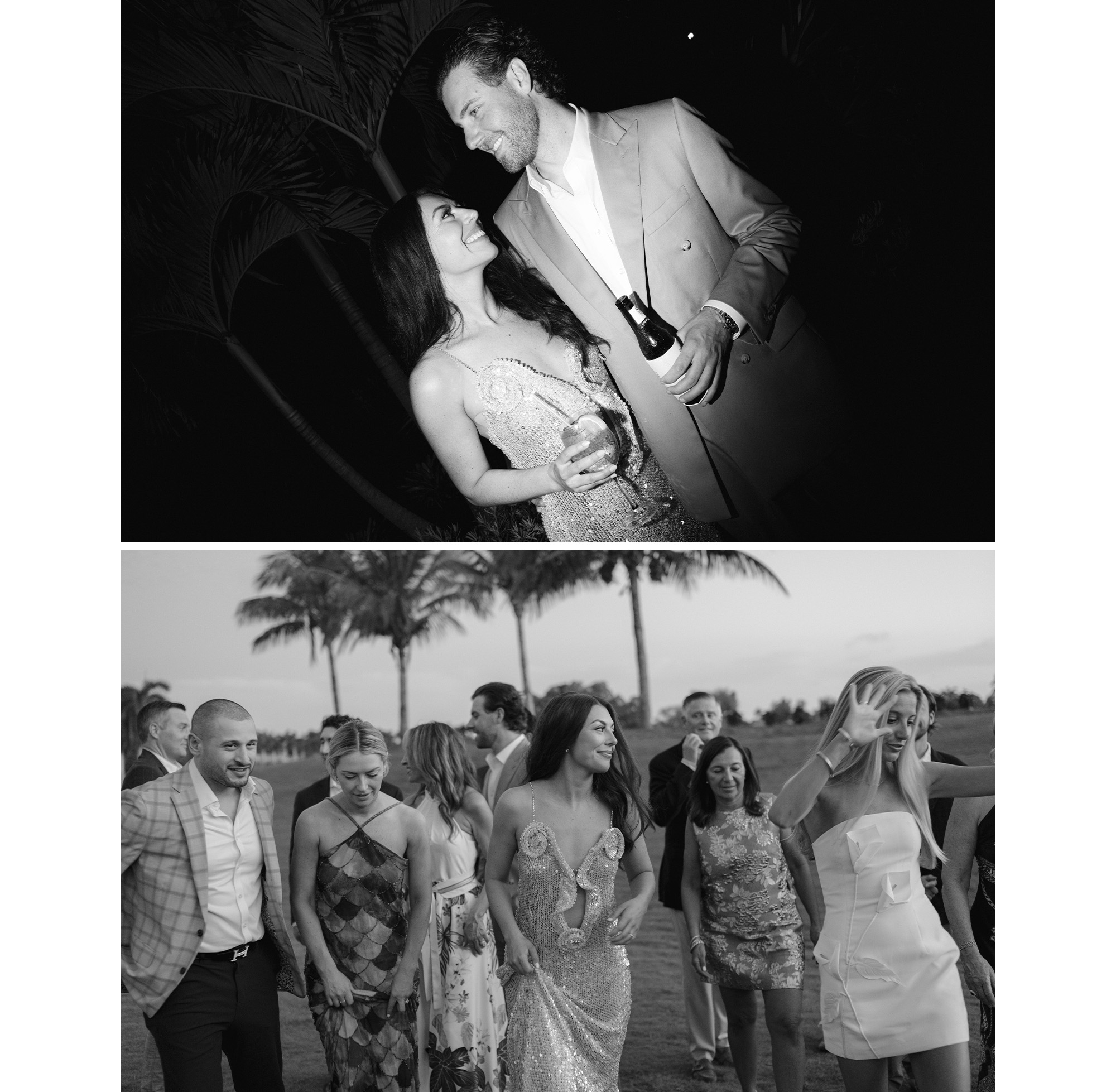 Collage of Kelli Orihuela, Chris Denci, and guests at their wedding welcome party.