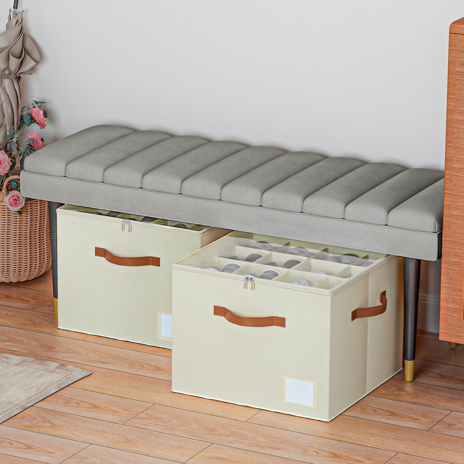 Storivo Shoe Organiser - Shoe Storage Organiser Box With Zipable Clear Cover, Adjustable Dividers Shoes Boxes Storage Fits16 Pairs - for Boots Heels Sneakers - White