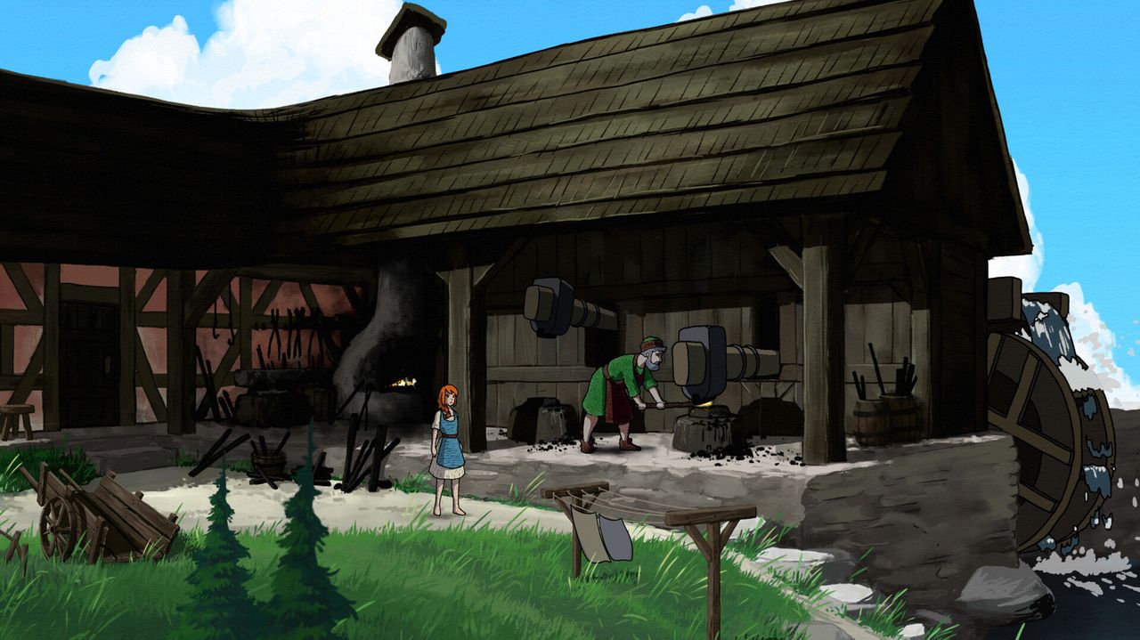 Young woman approaching outdoor blacksmith under a blue sky