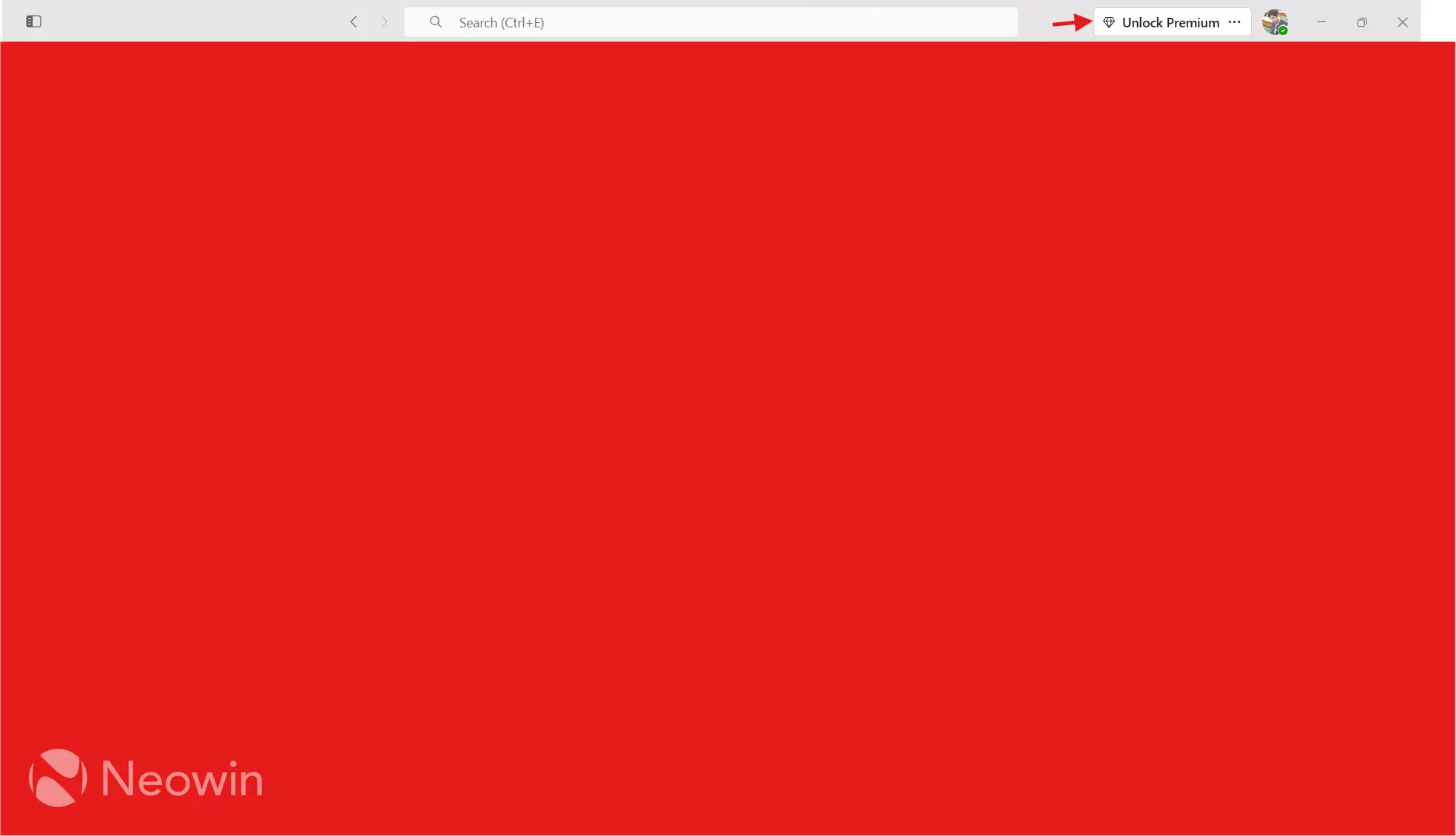 Microsoft Teams app displays a bright solid red background with a browser header. The Neowin logo is in the bottom-left corner, and "Unlock Premium" appears in the top-right.