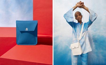 On the left a blue Akris ‘Anouk Messenger’ bag on a red platform and on the right a lady wearing blue clothing and a white Akris ‘Anouk Messenger’ bag