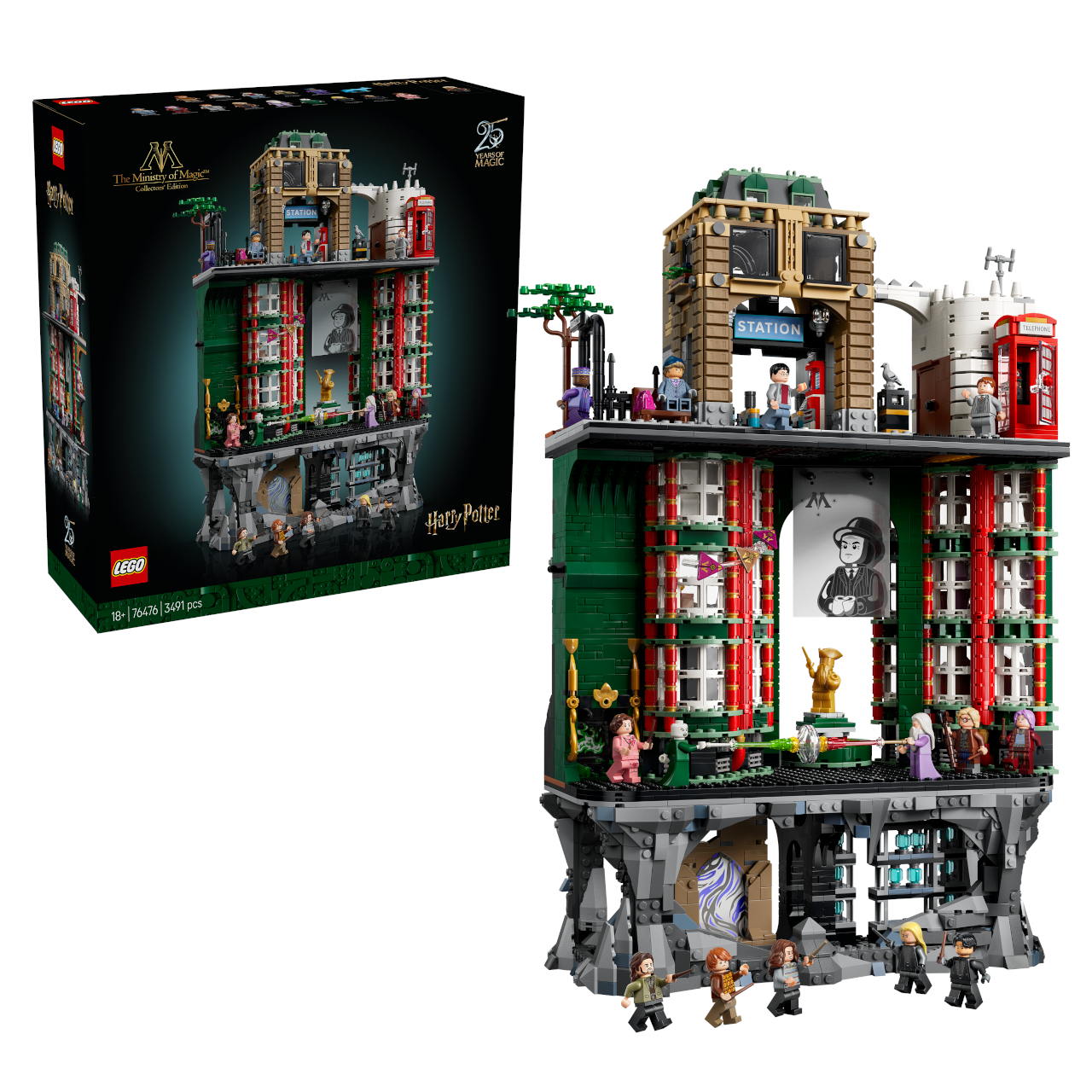 Lego Ministry of Magic and box on a plain background