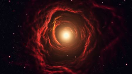 An illustration of a red spiral tunnel in space with a bright light at the end