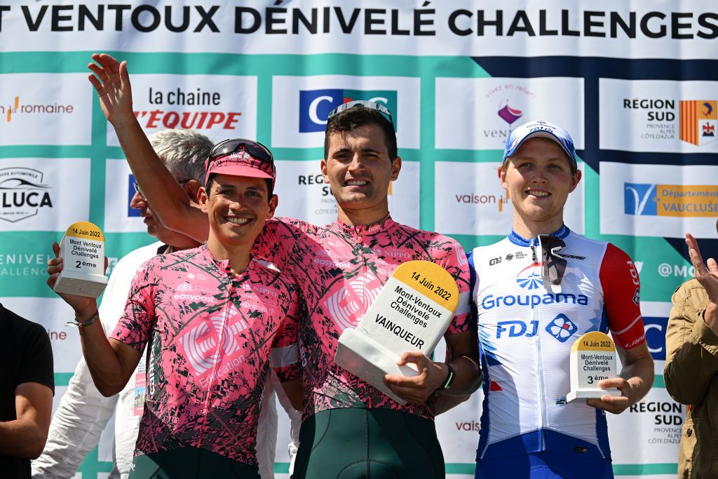 MONT VENTOUX FRANCE JUNE 14 LR Johan Esteban Chaves Rubio of Colombia and Team EF Education Easypost on second place race winner Ruben Guerreiro of Portugal and Team EF Education Easypost and Michael Storer of Australia and Team Groupama FDJ on third place pose on the podium ceremony after the 4th Mont Ventoux Denivele Challenge 2022 a 153km one day race from VaisonlaRomaine to Mont Ventoux 1893m MVDC on June 14 2022 in Mont Ventoux France Photo by Dario BelingheriGetty Images