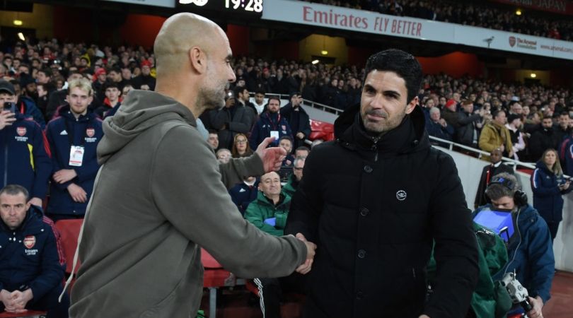 Pep Guardiola Mikel Arteta handshake at the Emirates Stadium