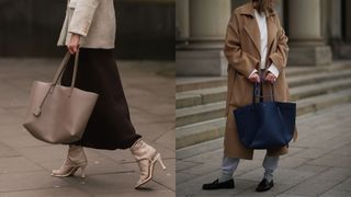 two streetstyle pictures of women wearing ysl tote bag