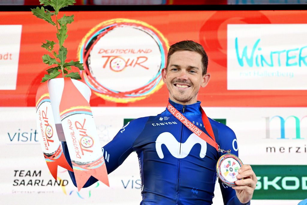 WINTERBERG GERMANY AUGUST 25 Gregor Mhlberger of Austria and Movistar Team celebrates at podium as stage winner during the 38th Deutschland Tour 2023 Stage 2 a 2013km stage from Kassel to Winterberg 629m on August 25 2023 in Winterberg Germany Photo by Christian KasparBartkeGetty Images